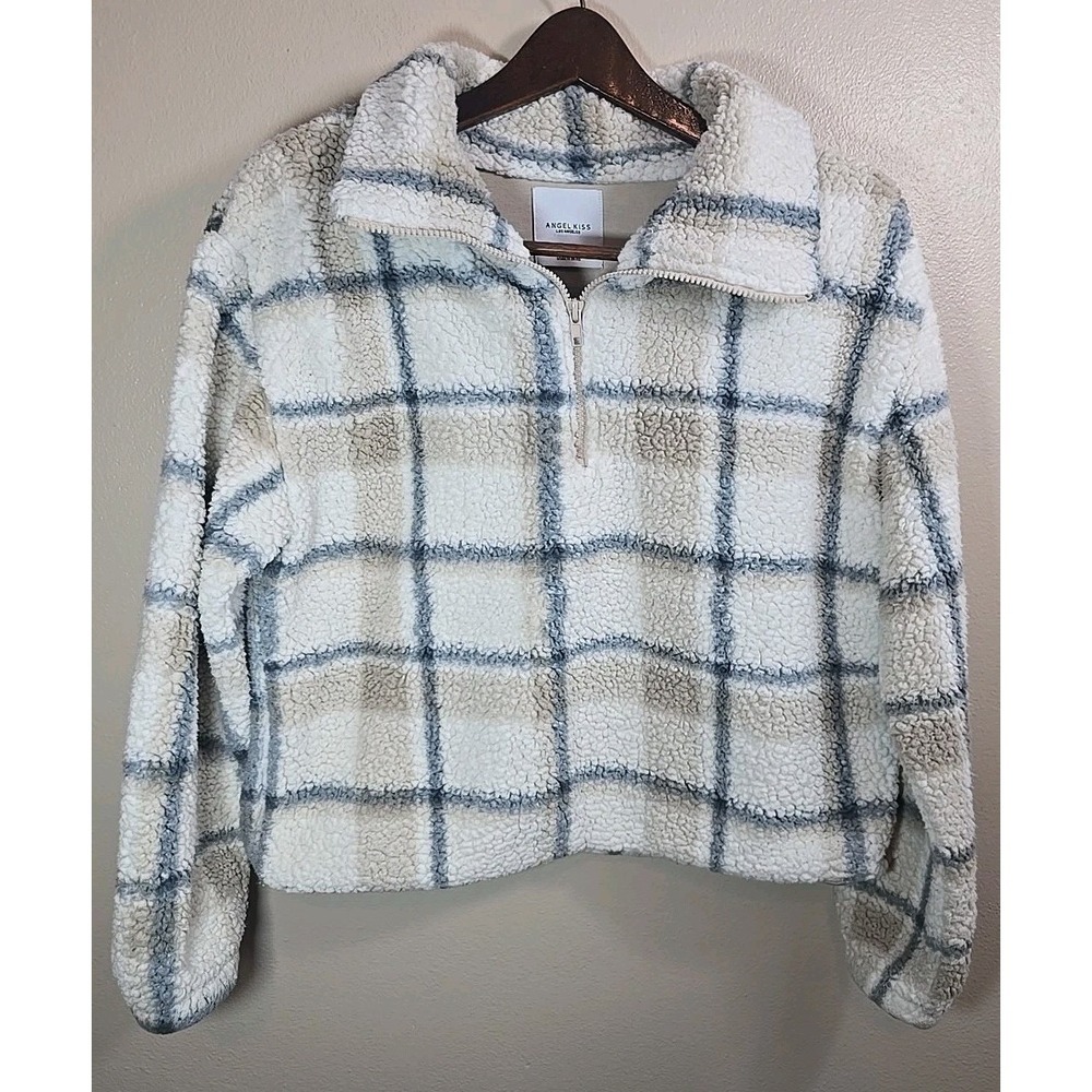 Ladies Fleece Sherpa 1/4 Zip Pullover Jacket by Angel Kiss Plaid Size Large